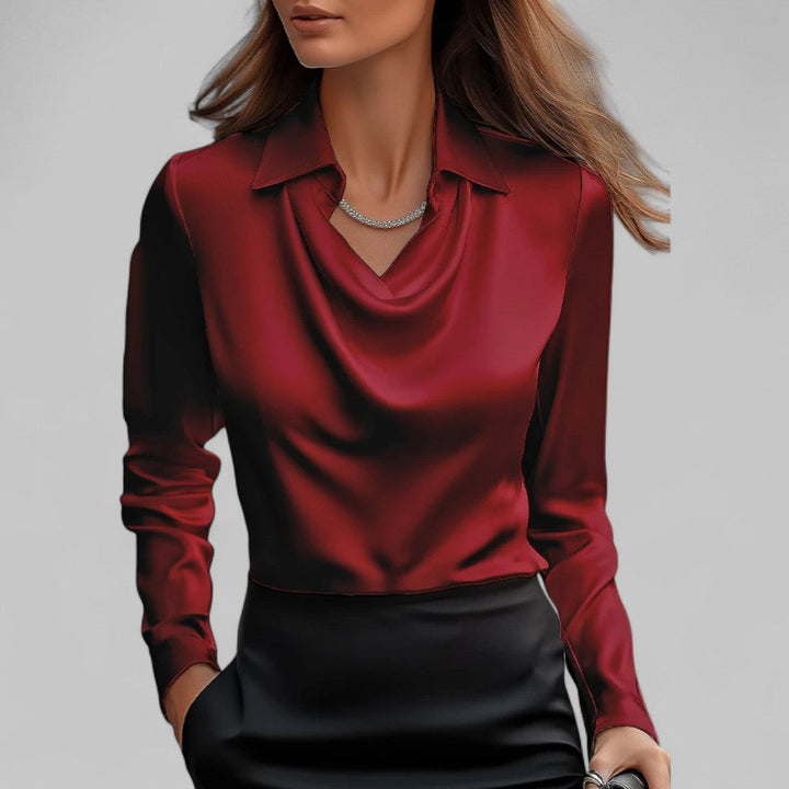 Stylish women's long sleeve draped neck blouse, a chic and elegant top for formal or casual outfits.