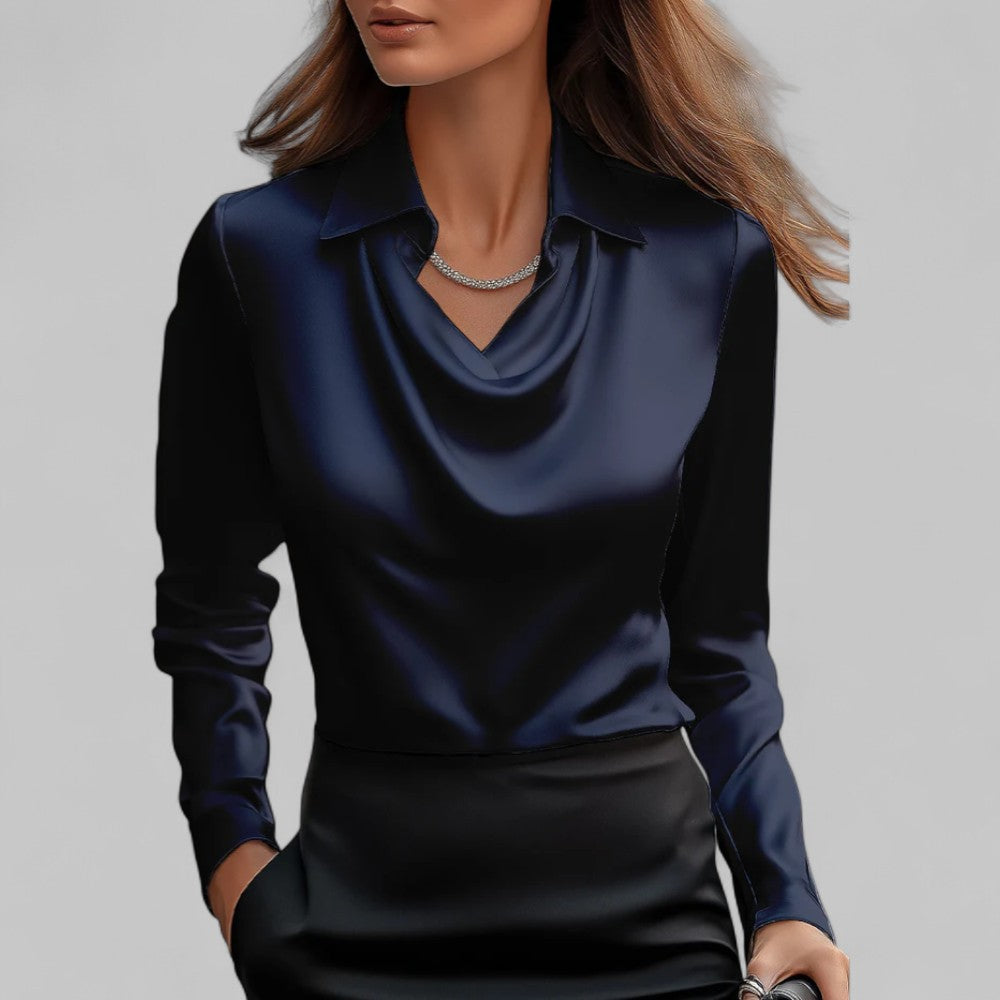 Women's elegant long sleeve blouse with a flattering draped neck, perfect for office or evening wear.