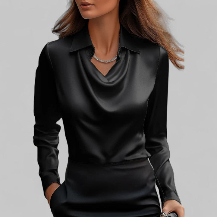 Classic women's draped neck long sleeve blouse, a versatile and chic staple for any wardrobe.