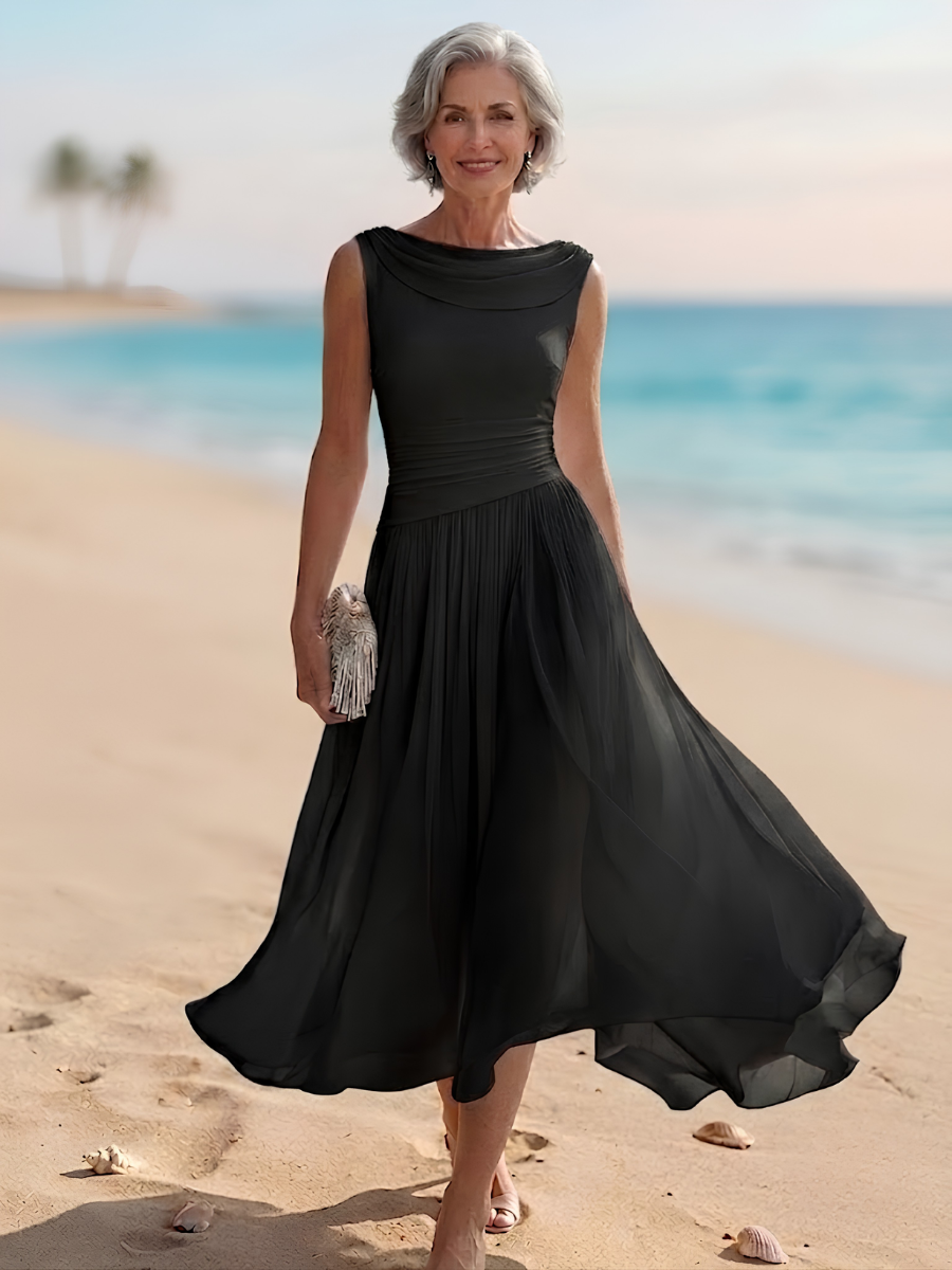 Women's formal midi dress featuring a elegant draped neck, pleated A-line skirt, great for spring weddings.