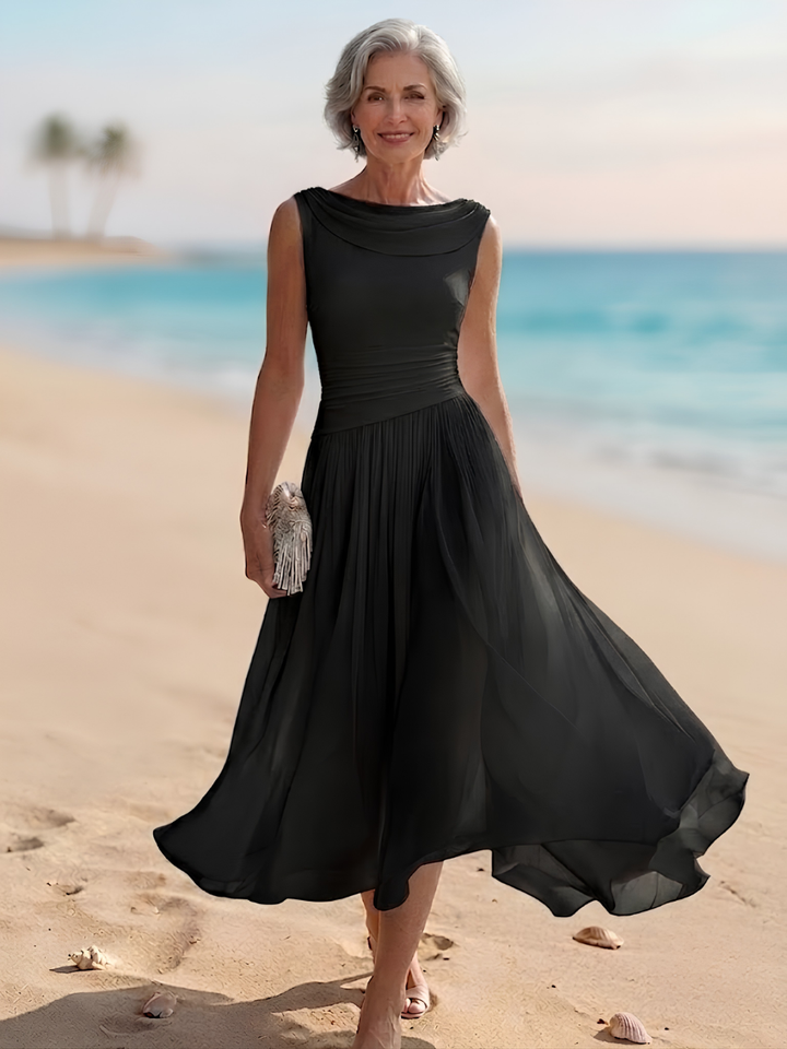 Women's formal midi dress featuring a elegant draped neck, pleated A-line skirt, great for spring weddings.