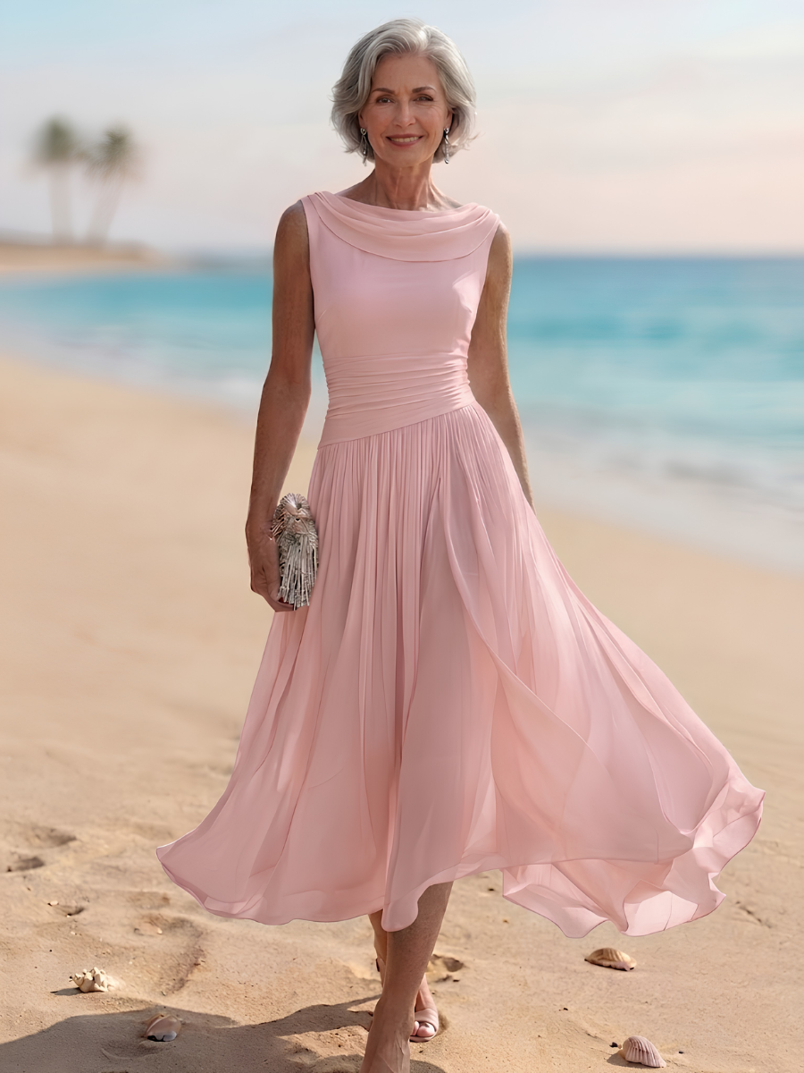 Draped neck pleated A-line women's midi dress, a chic and comfortable option for any special occasion.