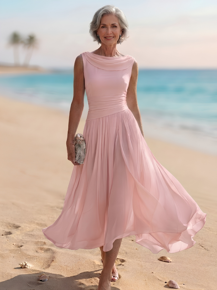 Draped neck pleated A-line women's midi dress, a chic and comfortable option for any special occasion.