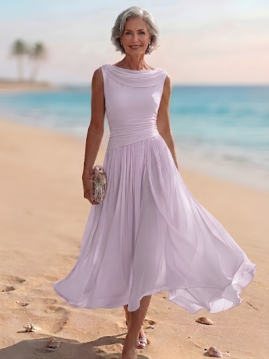 Beautiful women's draped neck midi dress, A-line cut with elegant pleats, ideal for spring & summer events.
