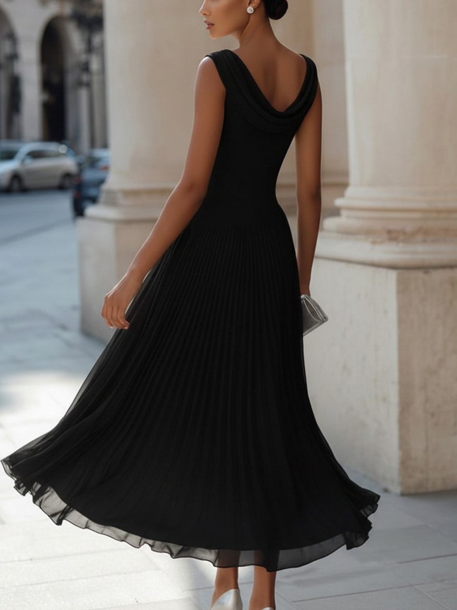 Elegant women's sleeveless midi dress with draped neckline and pleats. Perfect for weddings.