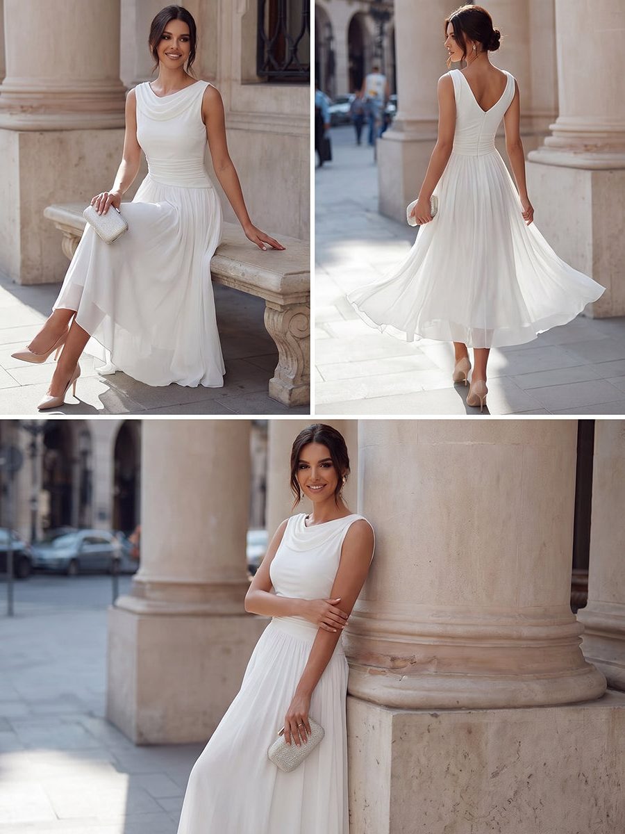 Chic pleated midi dress with draped neckline for women, a stylish wedding guest or party dress.