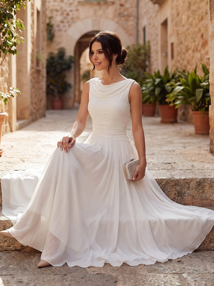 Formal women's midi dress featuring an elegant draped neck & pleats, suitable for weddings.