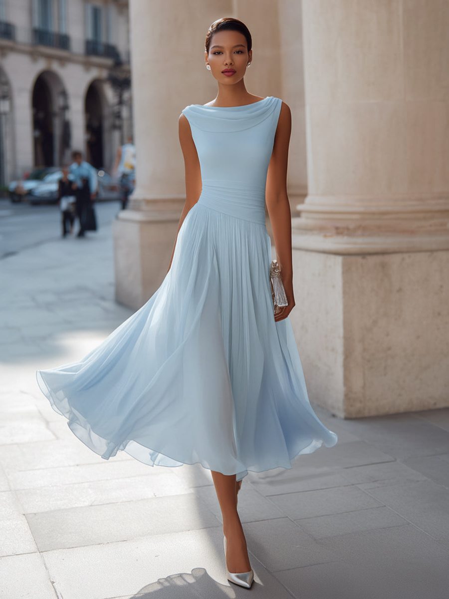 Summer wedding guest dress: elegant women's pleated midi with a sophisticated draped neckline.