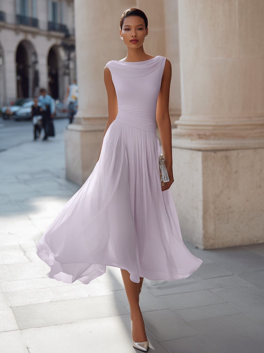 Fashionable women's draped neck pleated midi dress, perfect for weddings & formal events.