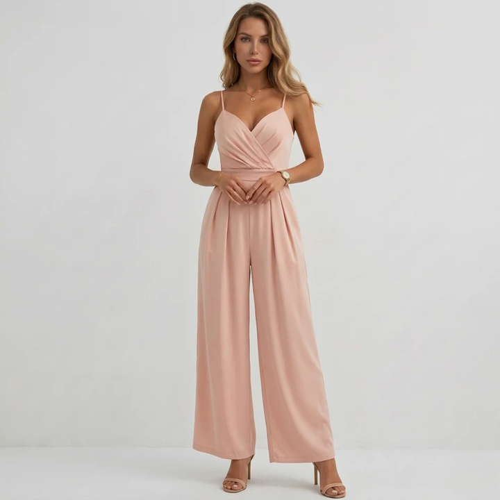 Elegant women's draped pleated high-waisted wide-leg jumpsuit with spaghetti straps, perfect for parties & summer.
