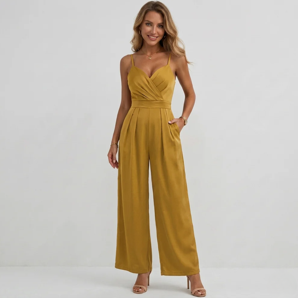 Comfortable yet elegant women's high-waisted pleated jumpsuit, featuring flattering drapes & a wide-leg silhouette.