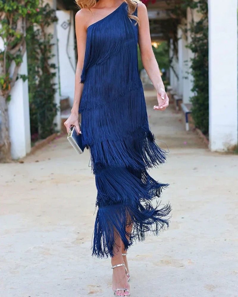 Stylish navy blue dropped shoulder long dress, a versatile women's fashion piece for elegant occasions.