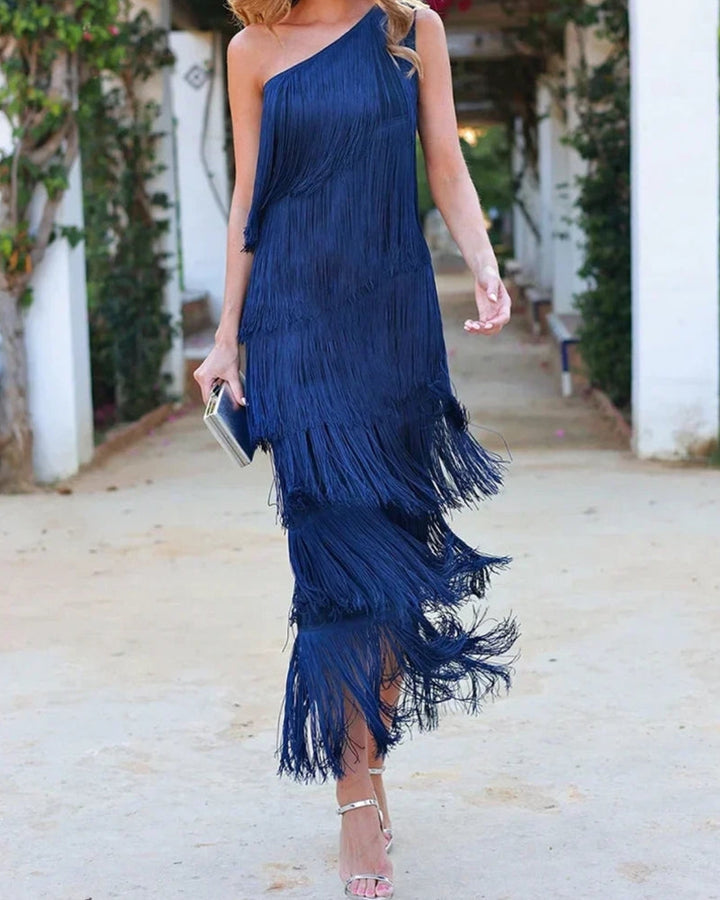 Stylish navy blue dropped shoulder long dress, a versatile women's fashion piece for elegant occasions.