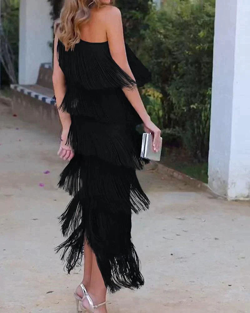 Chic women's dropped shoulder long dress, an elegant choice for any special occasion or evening fashion.