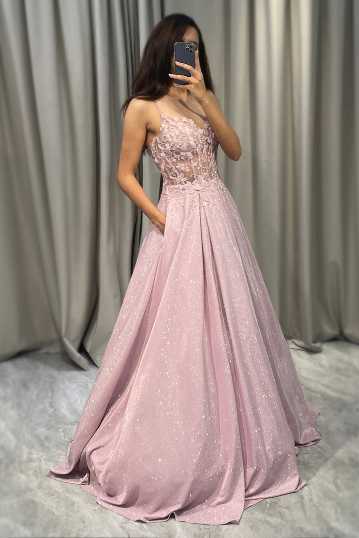 Light pink embellished maxi dress for women, chic wedding guest attire & formal evening wear.