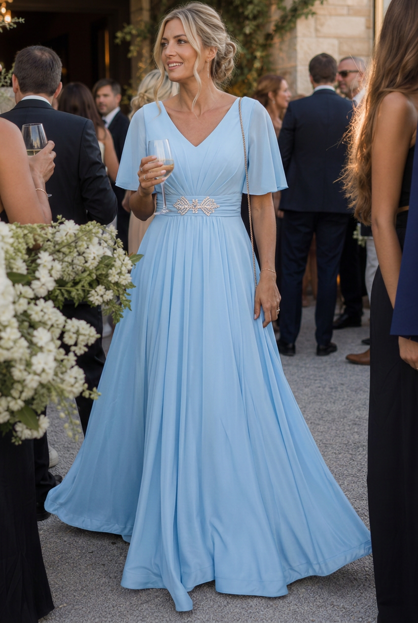 Elegant women's embellished V-neck maxi dress with flutter sleeves, perfect for wedding guests or formal evenings.