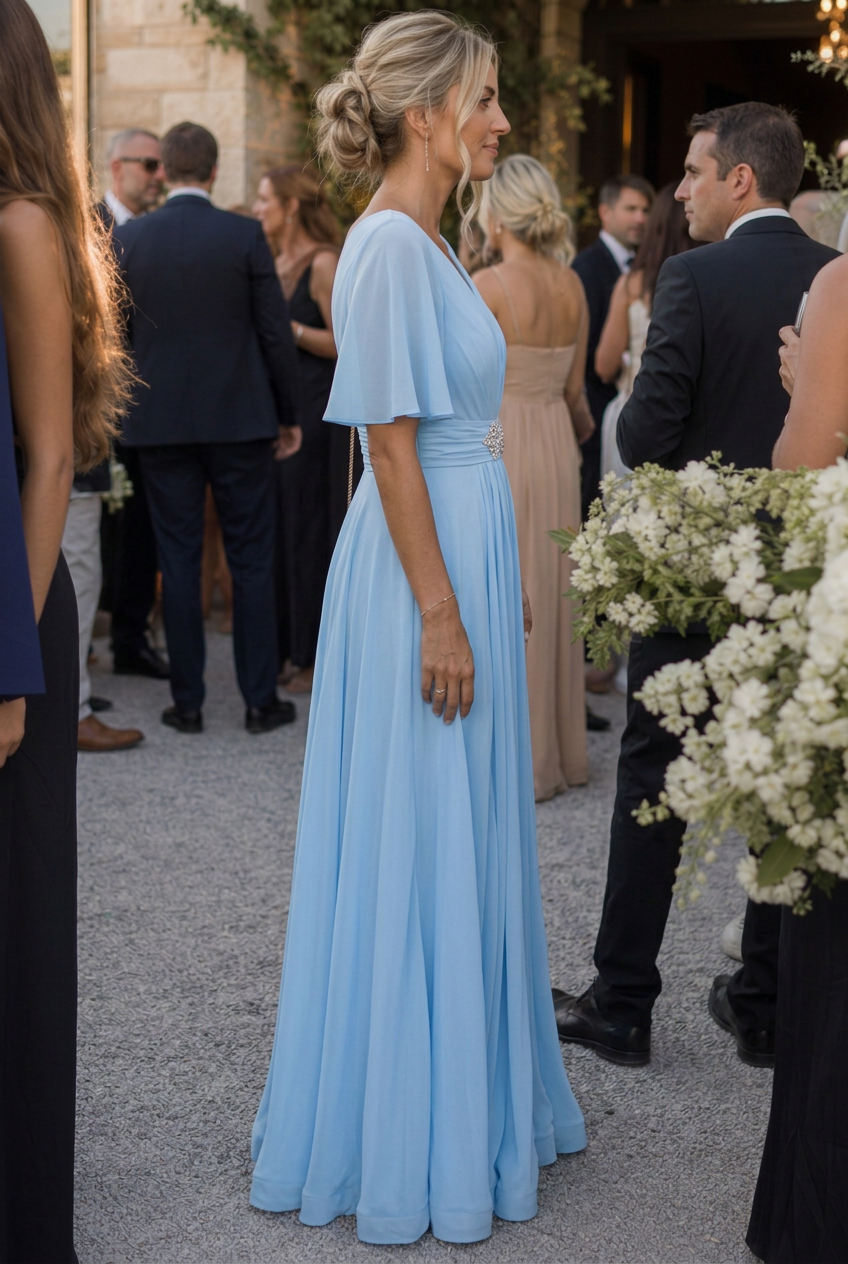 Sophisticated embellished V-neck maxi dress for women with graceful flutter sleeves, ideal for evening parties.