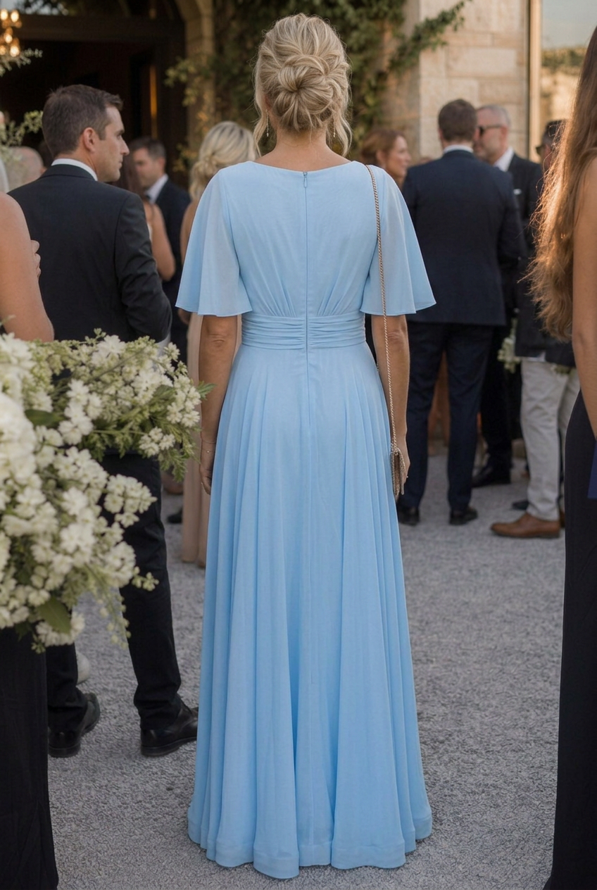 Formal gown: women's V-neck maxi dress with flutter sleeves and intricate embellishments for special occasions.