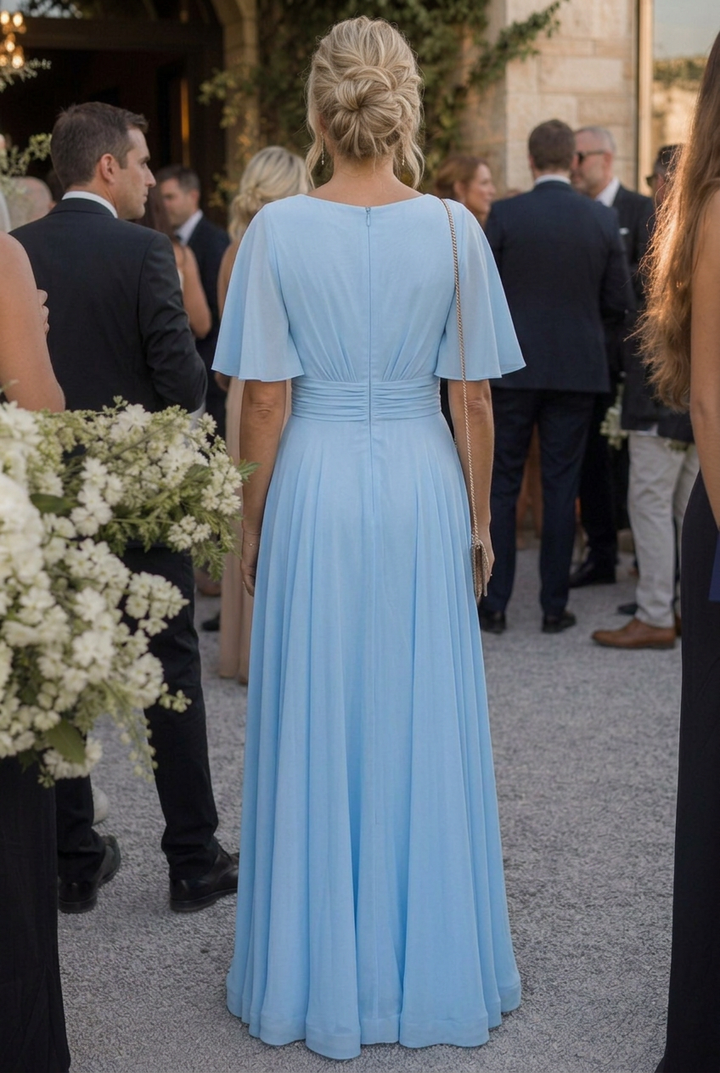 Formal gown: women's V-neck maxi dress with flutter sleeves and intricate embellishments for special occasions.