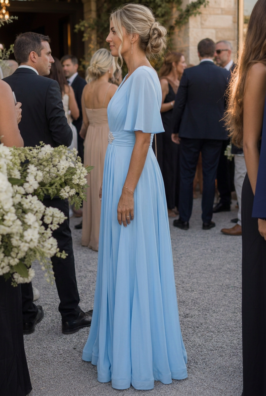 Comfortable and elegant women's embellished V-neck maxi dress with flowy flutter sleeves for any formal event.