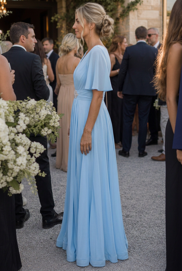 Comfortable and elegant women's embellished V-neck maxi dress with flowy flutter sleeves for any formal event.