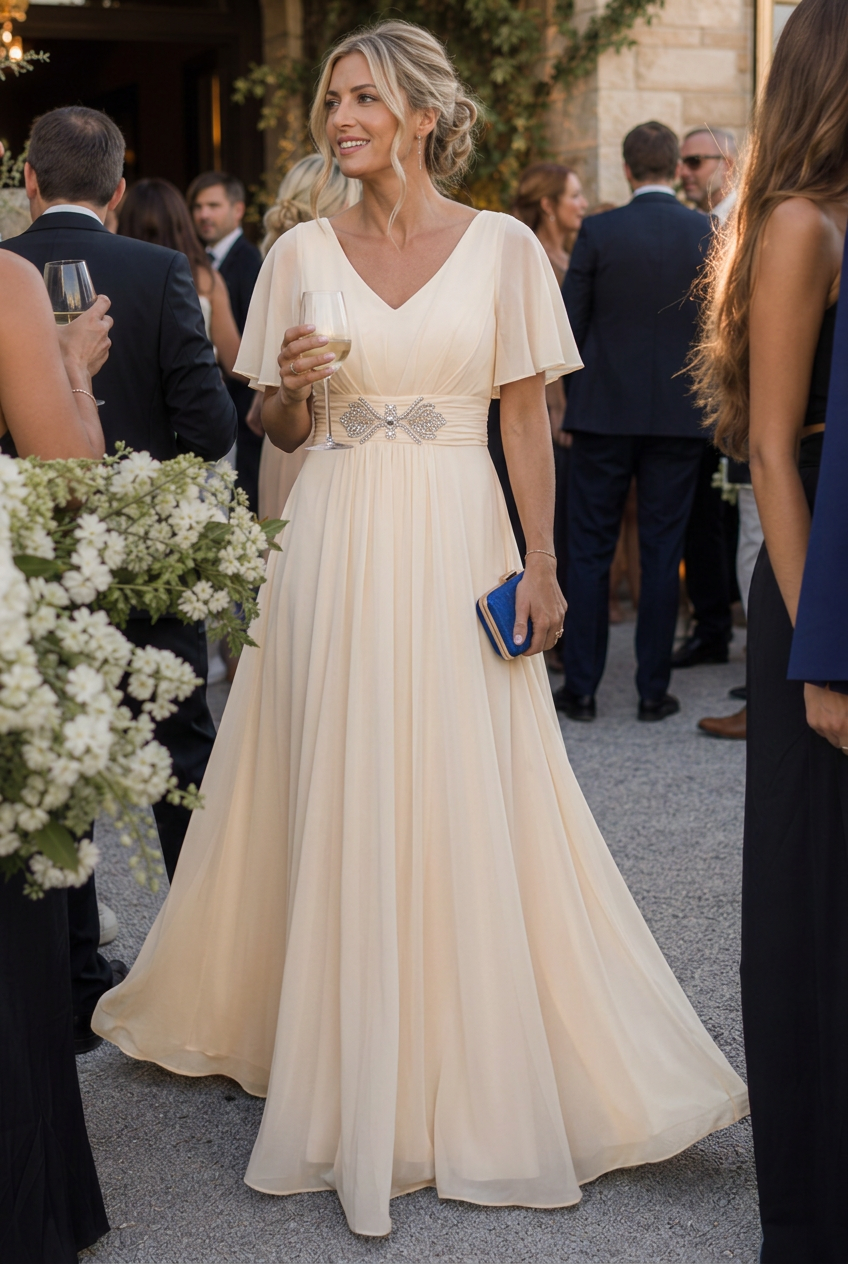 Stunning women's embellished V-neck maxi party dress with elegant flutter sleeves, perfect for evening wear.