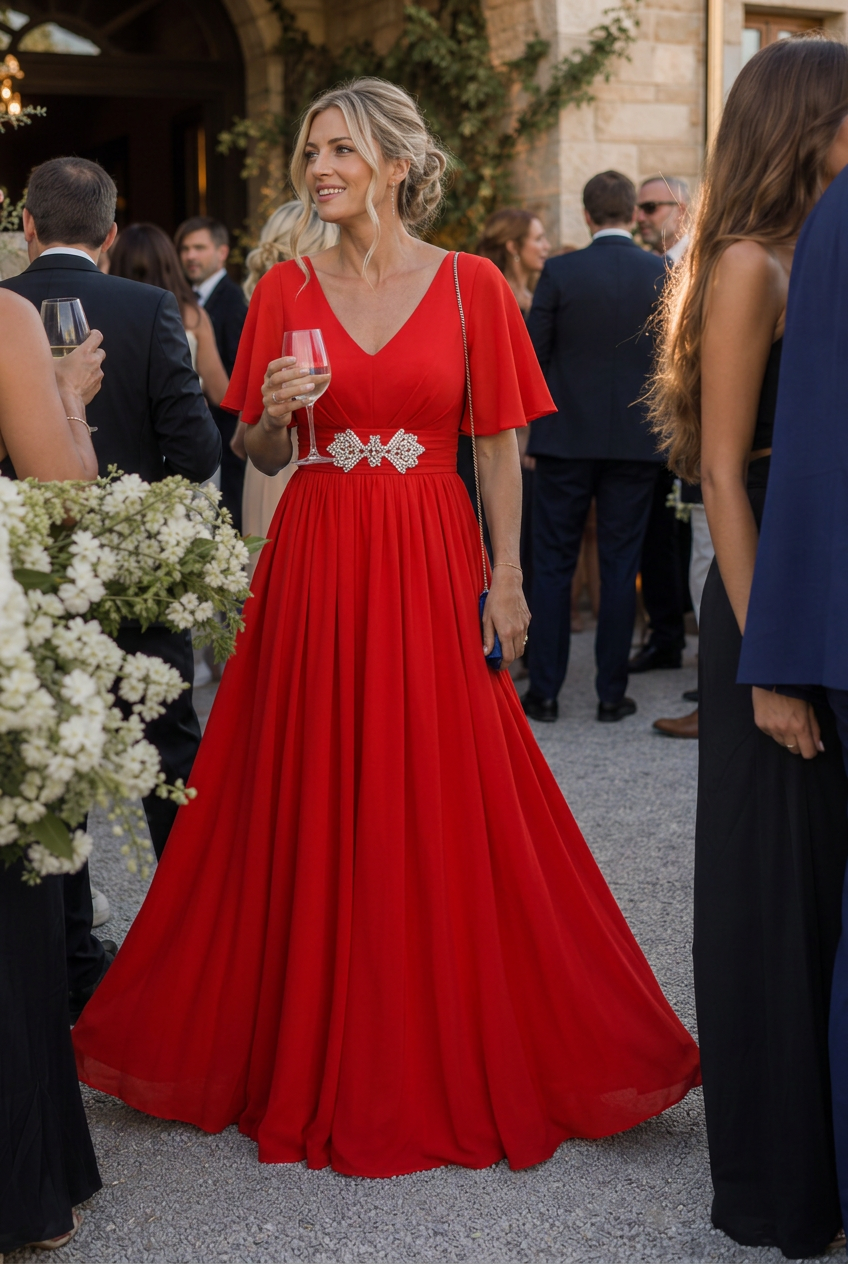 Chic wedding guest women's embellished V-neck maxi dress with flutter sleeves, an elegant formal occasion gown.