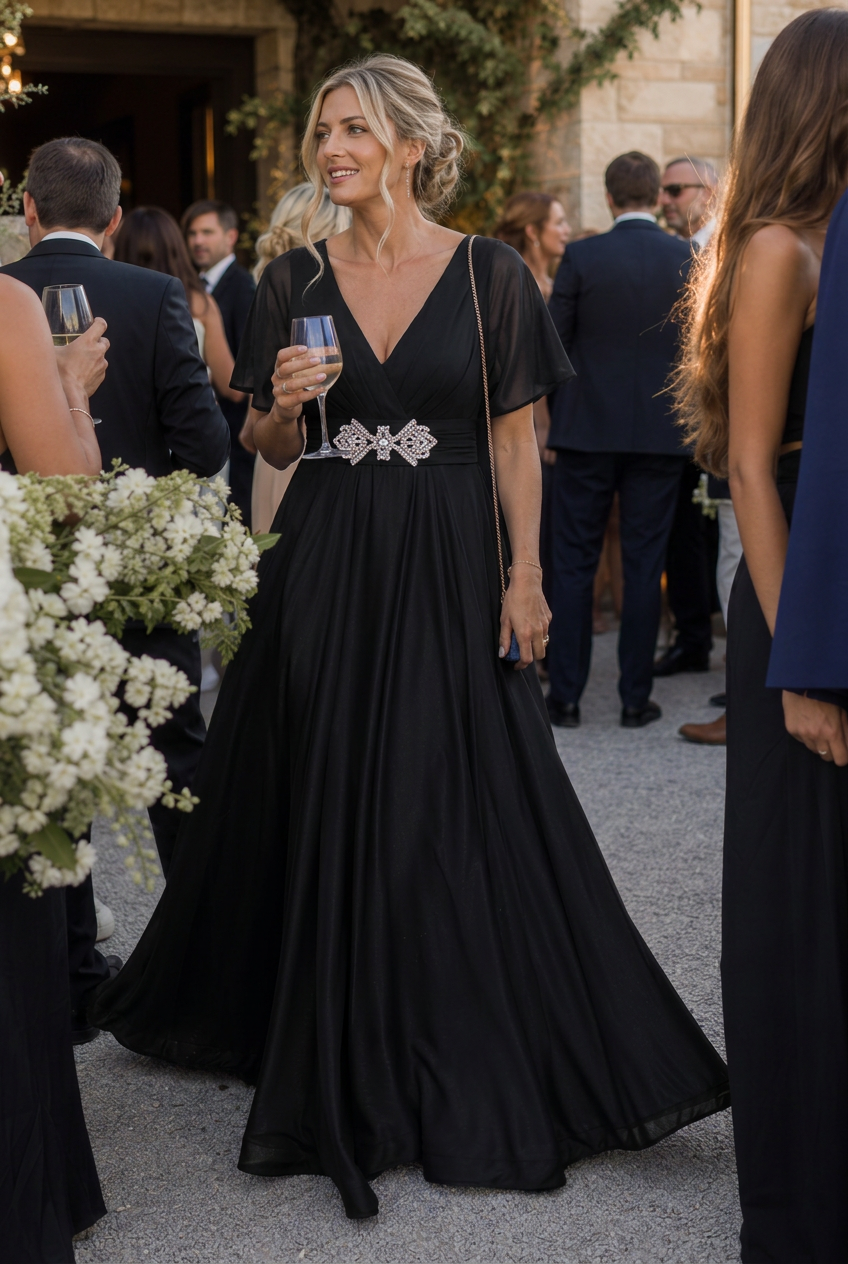 Sophisticated women's V-neck embellished maxi dress with beautiful flutter sleeves, an elegant evening or party dress.