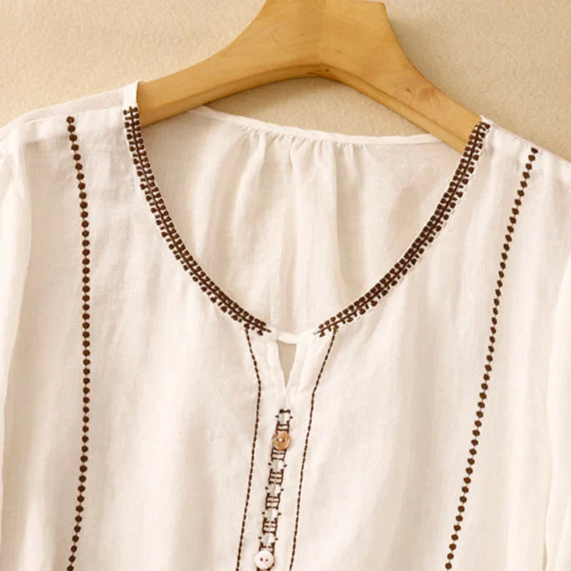 Stylish women's embroidered V-neck top, perfect for spring/summer, with elegant 3/4 ruffled sleeves.