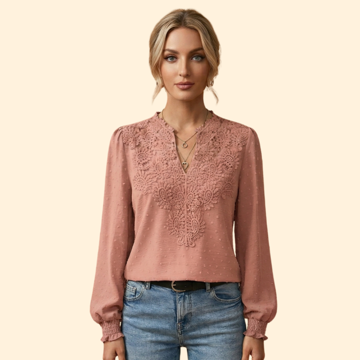Modern women's embroidered lace top, a fashionable and elegant blouse for various occasions.