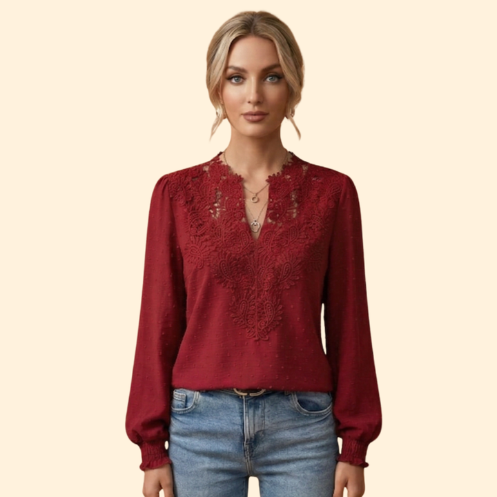Delicate women's lace and embroidered shirt, perfect elegant top for a spring or summer look.