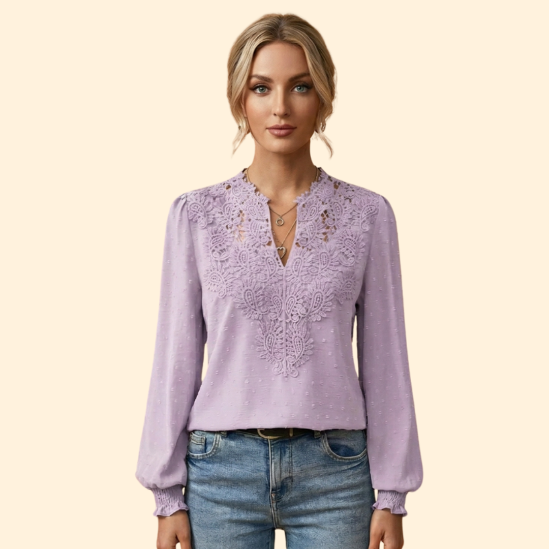 Pretty women's elegant lace blouse with intricate embroidery, suitable for versatile ladies' fashion.
