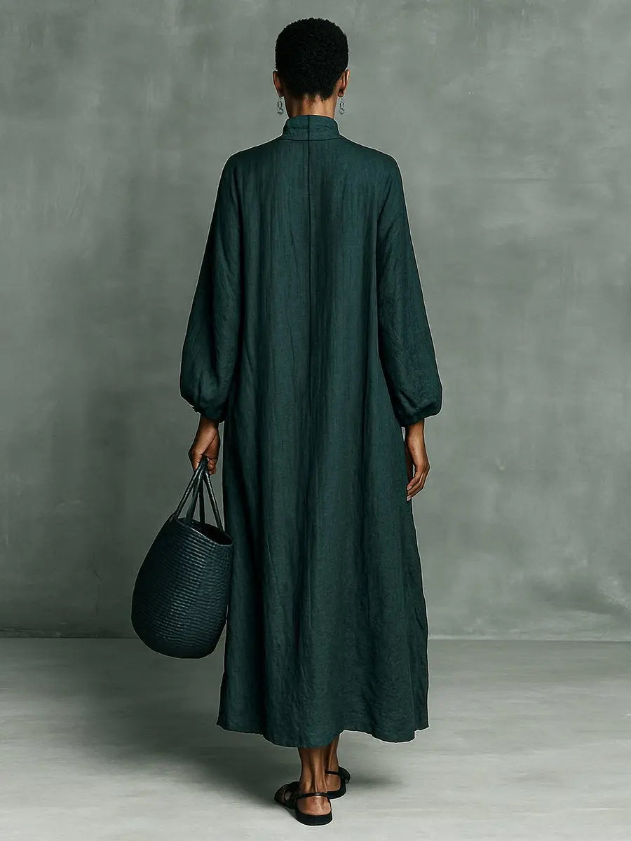 Casual women's relaxed fit maxi dress, long sleeve high neck, featuring beautiful floral embroidery for everyday style.