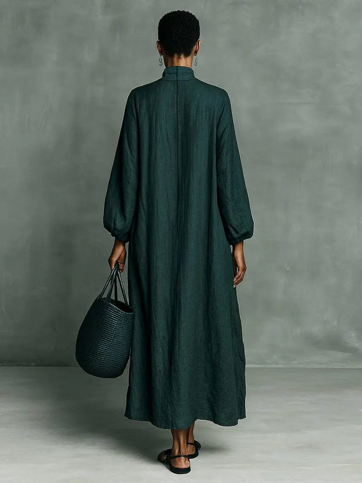 Casual women's relaxed fit maxi dress, long sleeve high neck, featuring beautiful floral embroidery for everyday style.