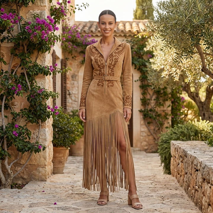 Fashionable women's summer midi dress, elegant embroidery, dynamic fringe, and a deep V neck.