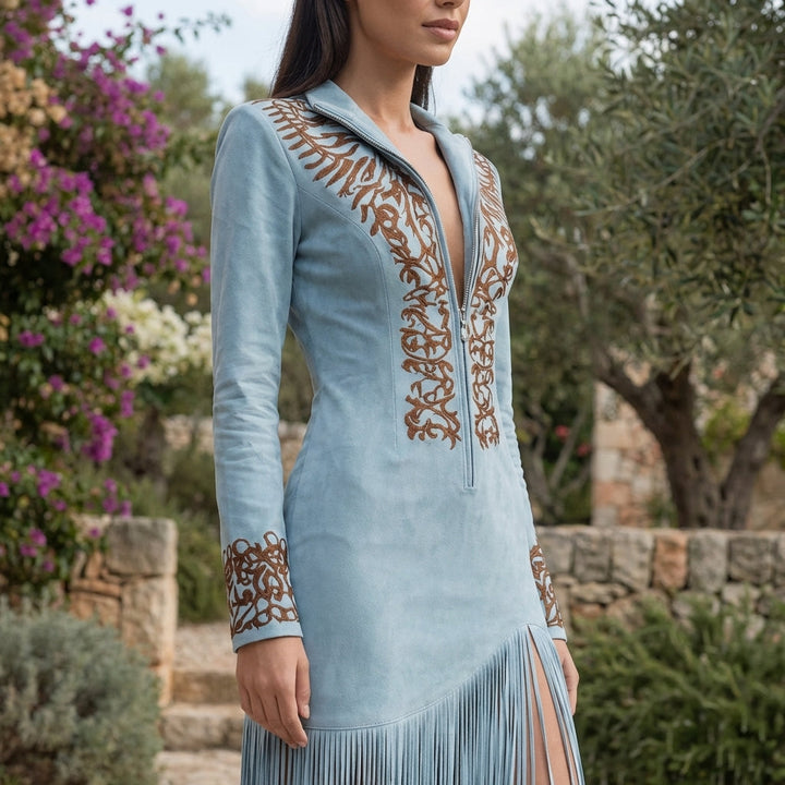 Stylish women's deep V neck midi dress, featuring delicate embroidery and attractive fringe details.