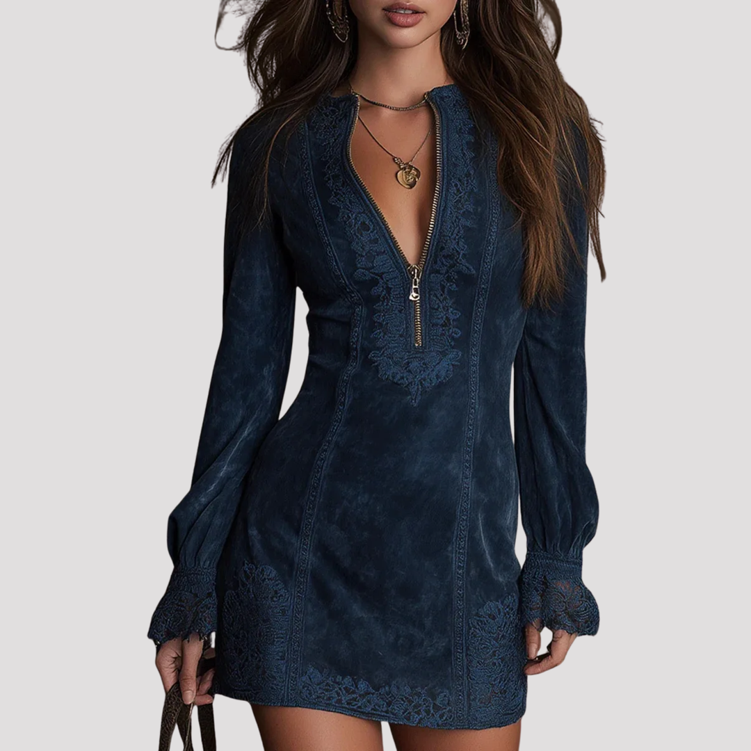 Elegant women's embroidered mini dress, long sleeve, zip neck. Ideal for party & cocktail events.