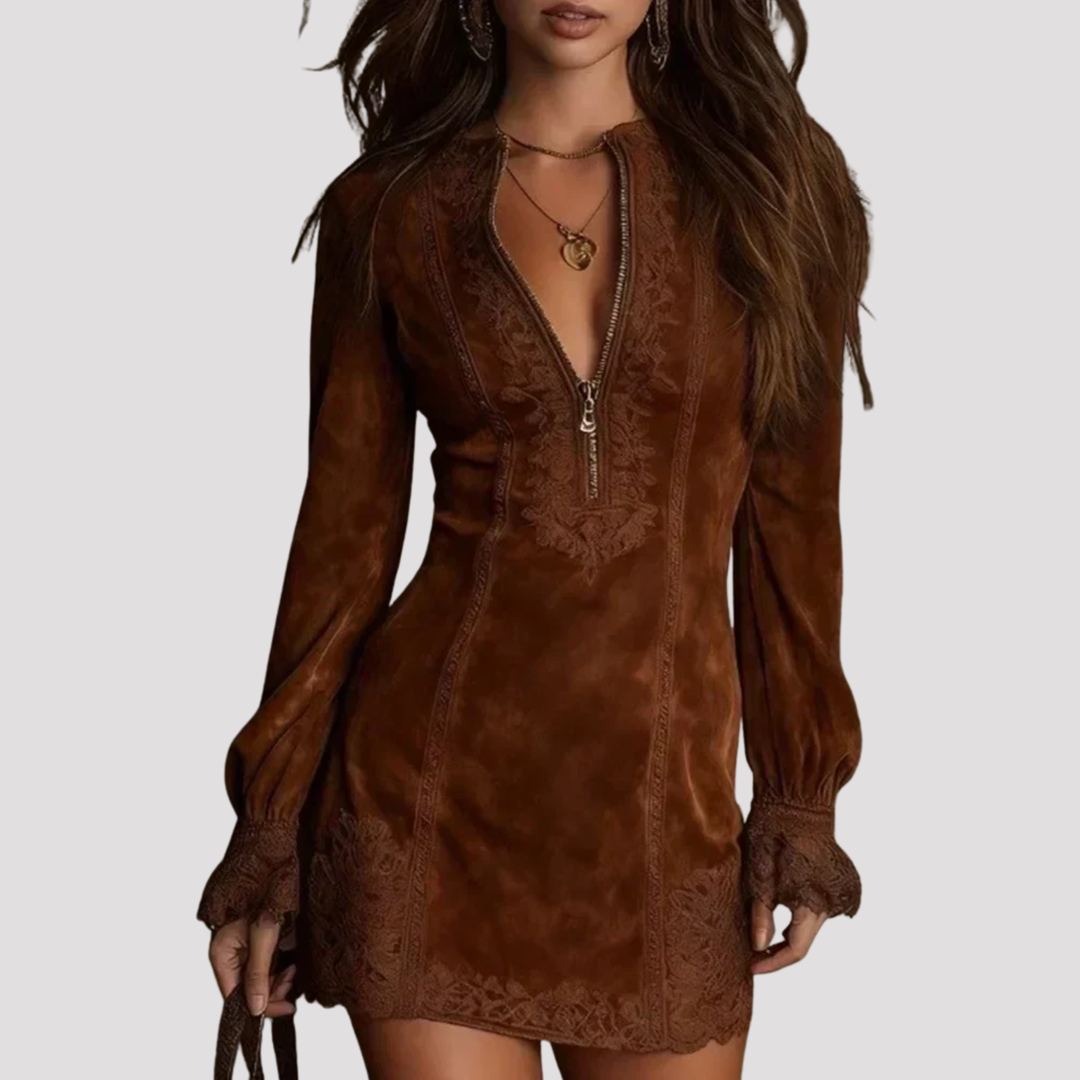 Model in elegant women's embroidered mini dress, long sleeve, zip neck. Perfect fitted cocktail party dress.