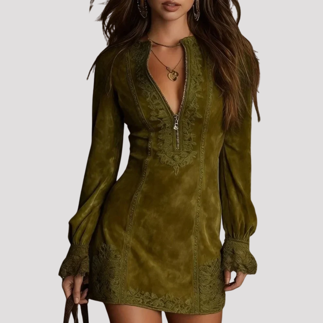 Modern zip neck on a women's elegant embroidered mini dress, long sleeve. Perfect for evening & party fashion.