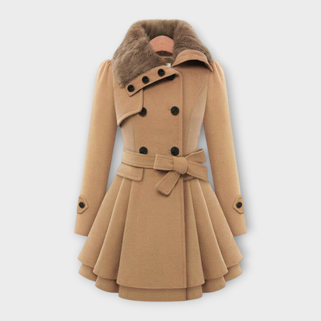 Elegant women's flared coat with soft faux fur collar, perfect for winter fashion. Available in various colors.