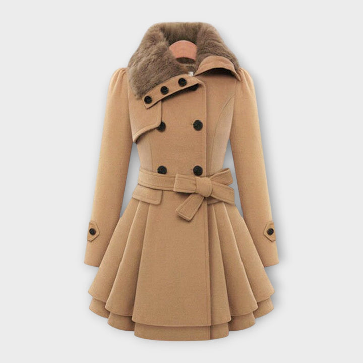 Elegant women's flared coat with soft faux fur collar, perfect for winter fashion. Available in various colors.