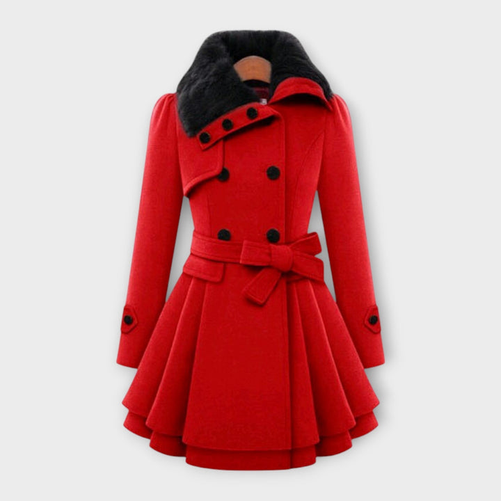 Chic black women's dress coat with a warm faux fur collar and elegant flared silhouette. Perfect for winter.