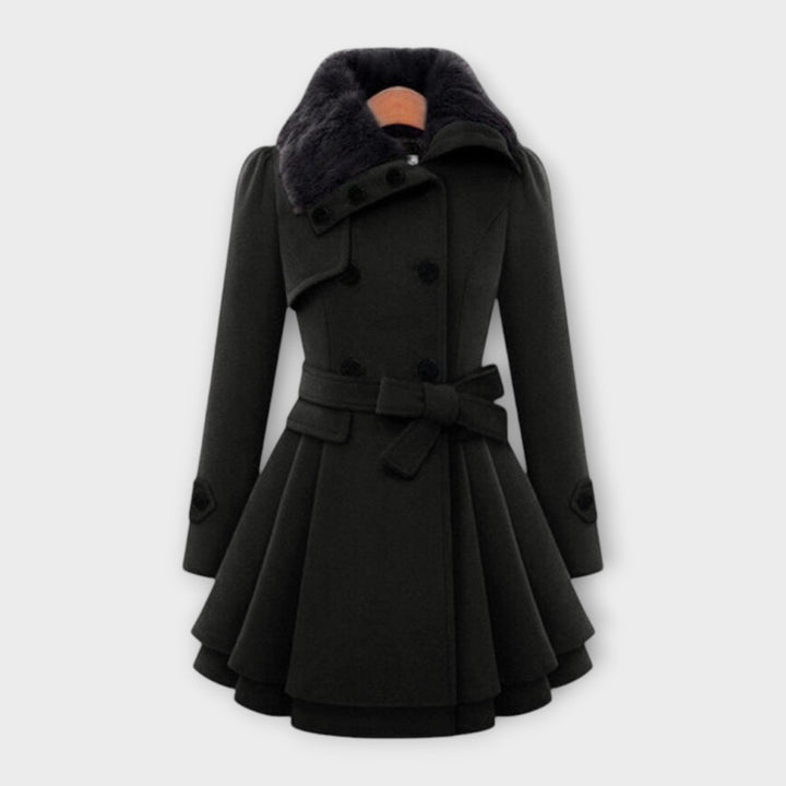 Women's stylish flared winter coat featuring an elegant faux fur collar. Perfect long outerwear for fashion.