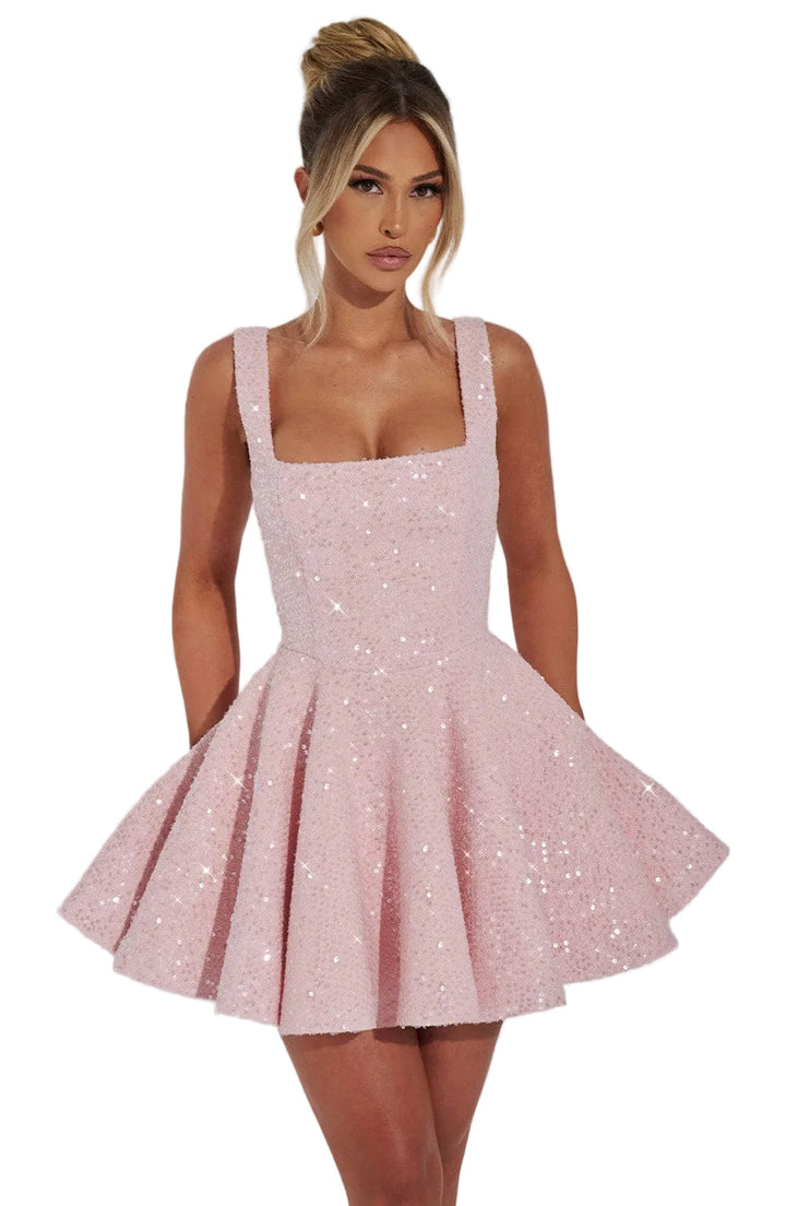 Stylish women's party mini dress, flared silhouette, ideal for evening events & cocktail parties.