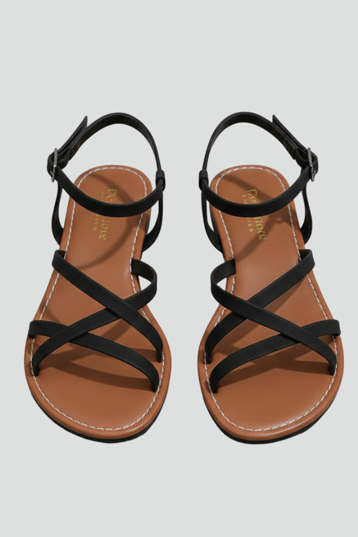 Elegant women's flat sandals with a strappy design, secure ankle strap, and stylish open toe, perfect for summer.