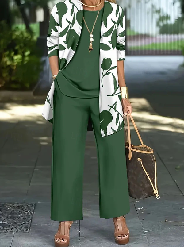 Chic women's floral 3-piece matching set, featuring a stylish top, pants & jacket for elegant casual wear.