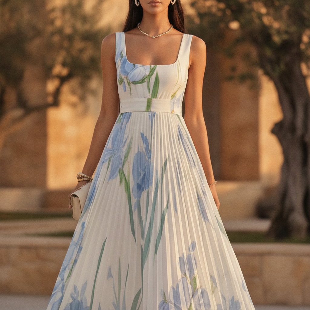 Elegant women's floral A-line maxi dress, perfect for a wedding guest or formal evening event. V-neck, floor-length.