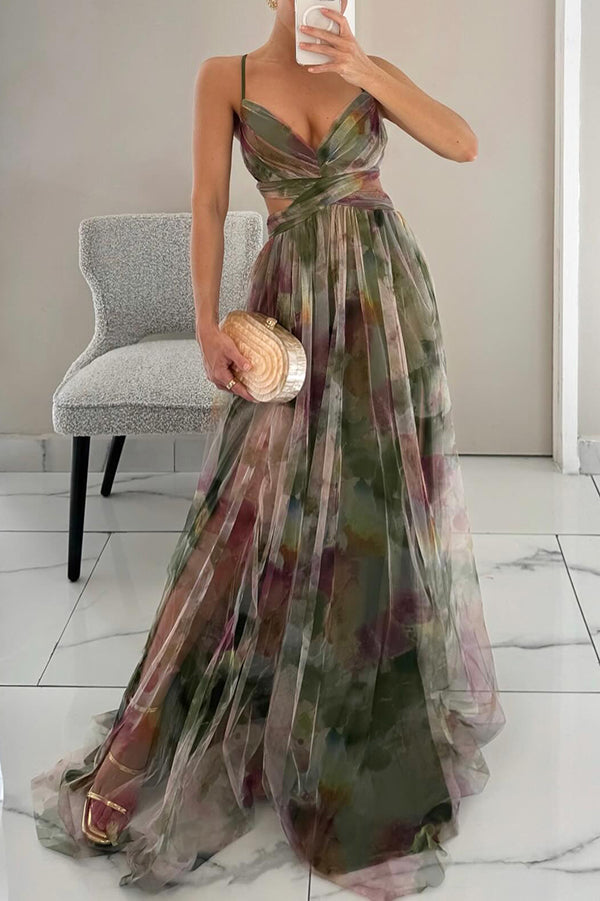 Chic women's floral summer maxi dress with spaghetti straps and flattering A-line silhouette.