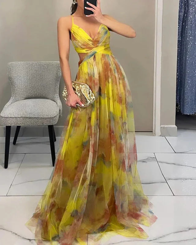 Elegant floral A-line maxi dress for women, suitable as a vacation, beach, or occasion dress.