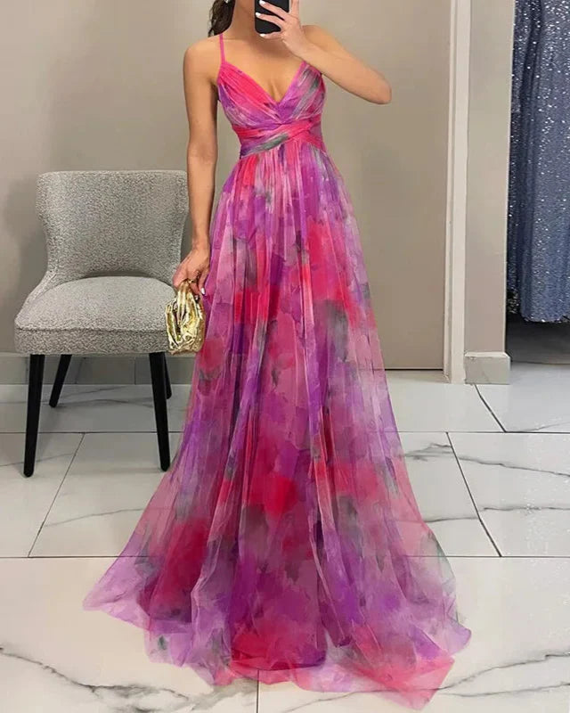 Flowy V-neck floral print women's maxi dress, perfect for warm weather and stylish events.